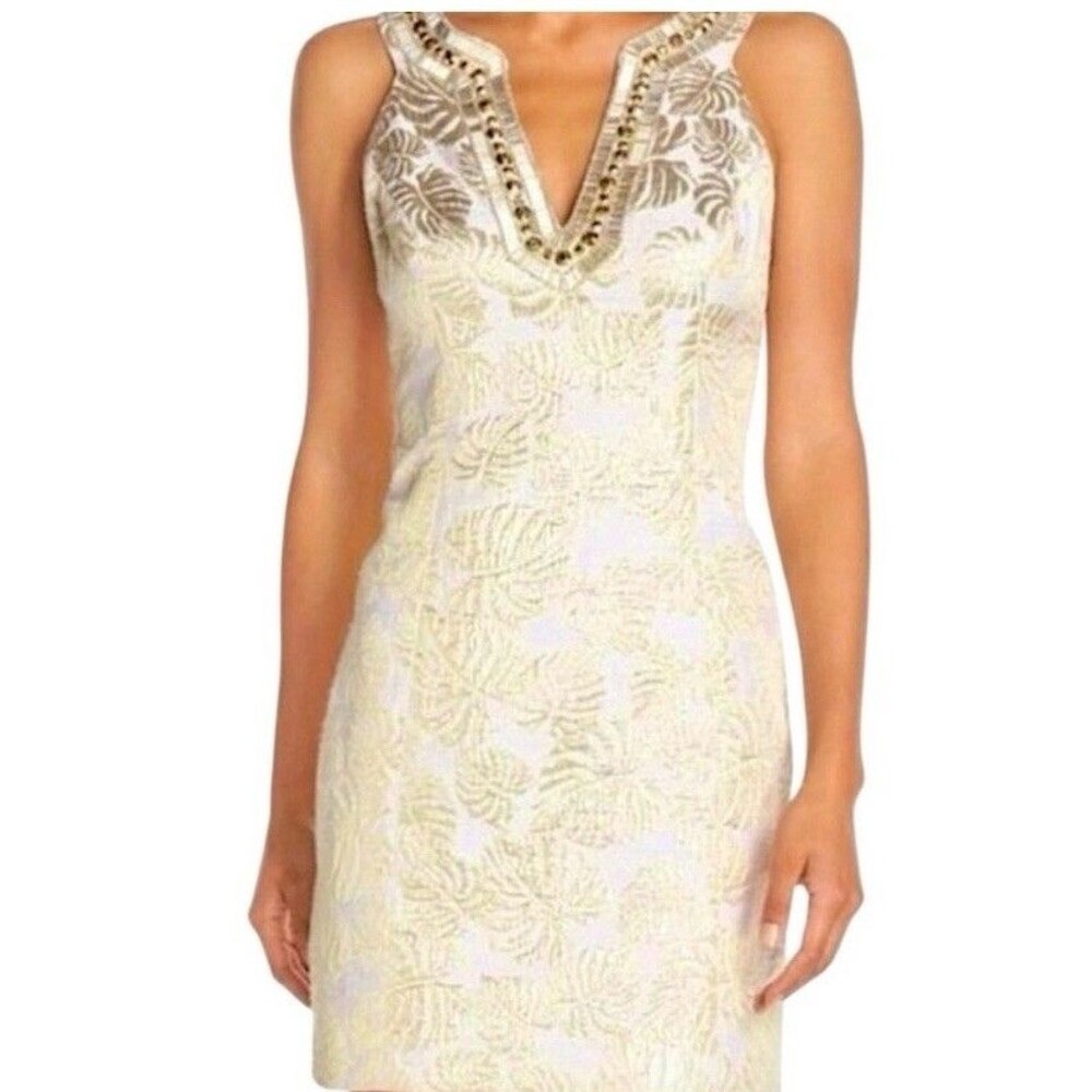 NWT Lilly Pulitzer Valli Shift Dress Resort White Gold Palm Jacquard Beaded Sz 2